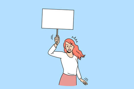 Confident woman activist with placard in hands protest against gender discrimination on street. Determined female volunteer march for equal rights. Freedom of speech. Flat vector illustration.のイラスト素材