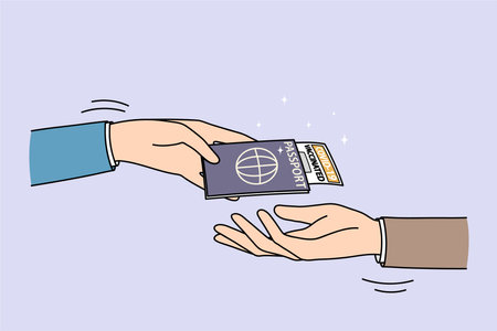 Man present passport with vaccination certificate to steward traveling abroad during covid-19 times. Male customer give document with immunity pass against corona. Flat vector illustration.のイラスト素材