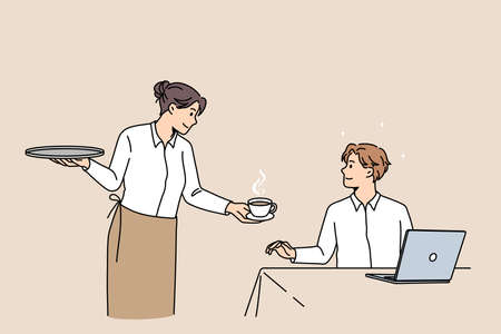 Smiling waitress serving coffee to male client in coffeeshop. Happy guy customer sit indoors in coffee shop get hot cappuccino drink from barista. Good quality service concept. Vector illustration.のイラスト素材