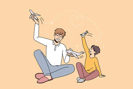 Smiling young father play with small son with airplanes. Loving happy dad have fun enjoy family weekend with boy child with toys engaged in game together. Vector illustration, cartoon character.のイラスト素材