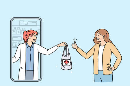 Happy woman client order medication at online pharmacy from doctor. Smiling female customer buy drugs medicines on internet using smartphone web application. Healthcare. Flat vector illustration.のイラスト素材