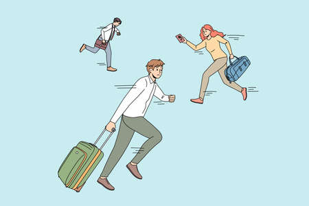 Anxious people with baggage running in airport not miss plane. Worried diverse men and women travelers with luggage rush in hurry for boarding at gate. Travel and tourism. Flat vector illustration.のイラスト素材