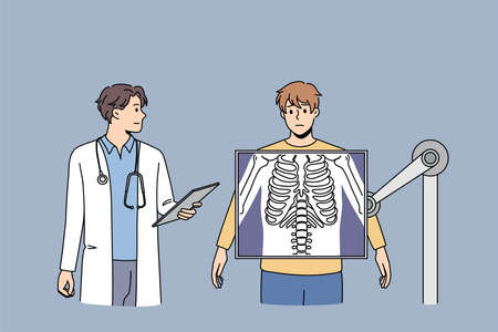 Doctor examine unhealthy male patient standing on xray machine testing body. Man get organism checked on X ray in clinic or hospital. Medicine, healthcare concept. Flat vector illustration.のイラスト素材