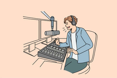Smiling guy presenter in headphones talk in microphone on radio with listeners. Happy man host present online have communication with followers. Entertainment concept. Vector illustration.のイラスト素材