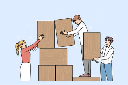 Businesspeople build tower with wooden blocks engaged in teambuilding activity together. Diverse employees involved in work, motivated for success. Business risk, teamwork. Vector illustration.のイラスト素材