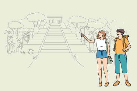 Happy couple tourists explore travel destination in tropical country. Smiling man and woman travelers discover landmarks or attractions on summer holiday or vacation. Tourism. Vector illustration.のイラスト素材