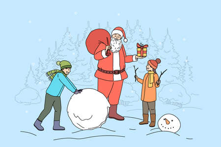 Smiling Santa Claus greeting children outdoor with New Year give presents. Happy father Christmas congratulate kids playing outside with gifts on winter holidays. Flat vector illustration.のイラスト素材