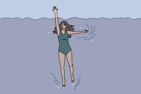 Anxious young woman panic drowning in water on summer vacation. Worried stressed girl ask beg for help go underwater on holiday resort. Marine activity and danger concept. Vector illustration.のイラスト素材