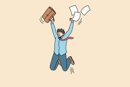 Overjoyed guy student jump with paperwork excited with high exam mark or test pass. Smiling man employee triumph get promotion news from work. Success, achievement concept. Vector illustration.のイラスト素材