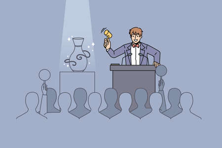 Male seller with gavel sell sculpture on auction to audience. Man auctioneer lead public buying event, people buyers raise hands make bids. Art gallery and antique concept. Vector illustration.のイラスト素材
