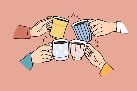 Close up of diverse friends cheers with mugs drink coffee together in morning. People cling cups enjoy tea ceremony, relax eating drinking beverages. Non alcoholic celebration. Vector illustration.のイラスト素材