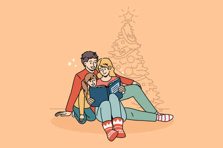 Happy young Caucasian family with kid sit near fir-tree enjoy Christmas holidays reading book together. Smiling parents with child celebrate New Year at home with fairytale. Vector illustration.のイラスト素材