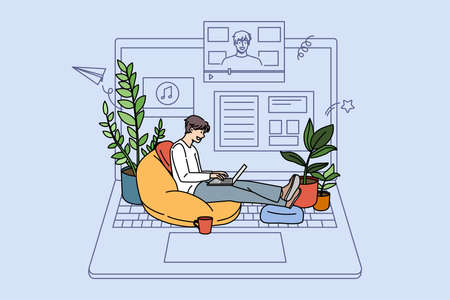 Man sit real on huge laptop watch online tutorial on gadget. Guy study on internet have webinar class or seminar. Blogging and broadcast. Distant education concept. Vector illustration.のイラスト素材