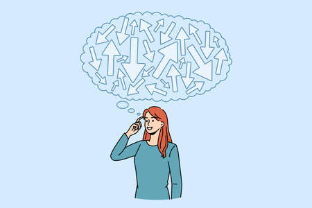 Young woman with speech bubble above head feel confused think of problem solution. Pensive female frustrated with planning or decision making, brainstorm solve problem. Vector illustration.のイラスト素材