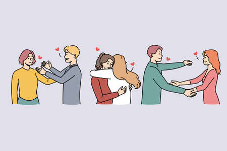 Happy diverse people hugging greeting each other