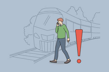 Man talk on phone ignore railroad track safety rulesのイラスト素材