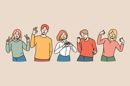 Smiling people showing hand gesture expressing emotionsのイラスト素材