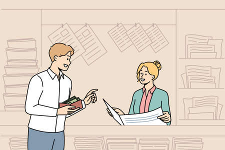 Smiling man buy newspaper in outdoor kioskのイラスト素材