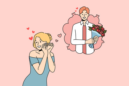 Happy woman dreaming of man with flowersのイラスト素材
