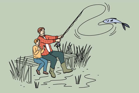 Happy father and son fishing togetherのイラスト素材