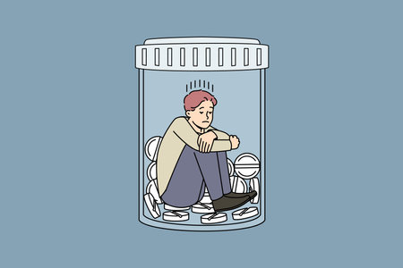 Unhappy man suffer from medication addictionのイラスト素材