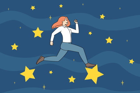 Motivated businesswoman running on stars to successのイラスト素材