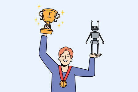 Happy boy win prize for robot creating