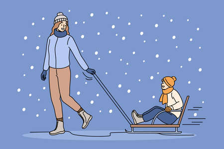Happy mom ride son on sled outdoorsのイラスト素材