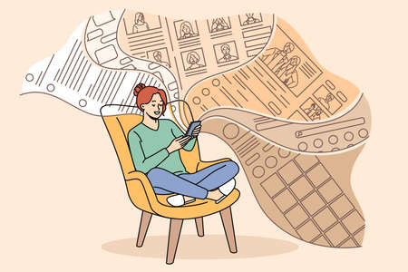 Happy woman relax with cellphone scrolling internet feedのイラスト素材