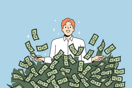 Smiling businessman in dollar banknotes pileのイラスト素材