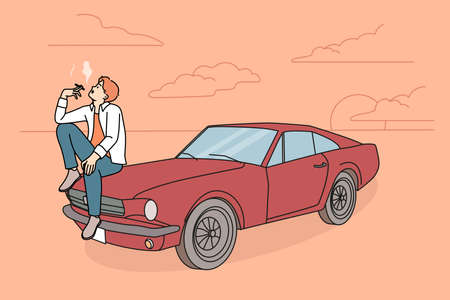 Young man sitting on retro car smokingのイラスト素材