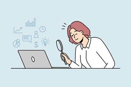 Woman looking at laptop with magnifierのイラスト素材
