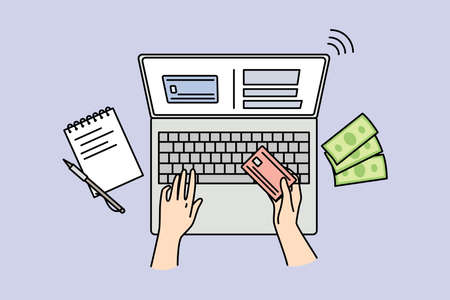 Person paying online on computer with cardのイラスト素材