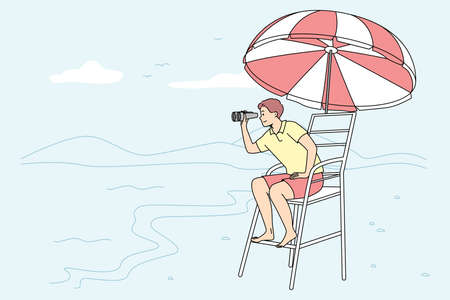 Male lifeguard on tower on beachのイラスト素材