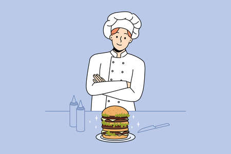 Chef cook burger in restaurantのイラスト素材