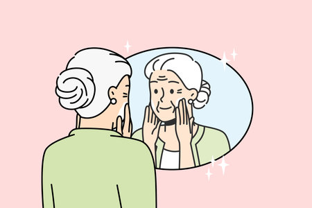 Elderly lady puts anti-aging cream on face at home.のイラスト素材