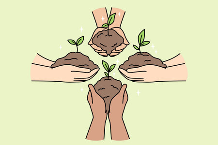 Faceless people hold green plant sprouts in palms.のイラスト素材