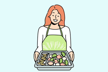 Smiling woman in apron cooking foodのイラスト素材