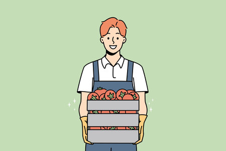 Smiling male farmer with box of tomatoesのイラスト素材