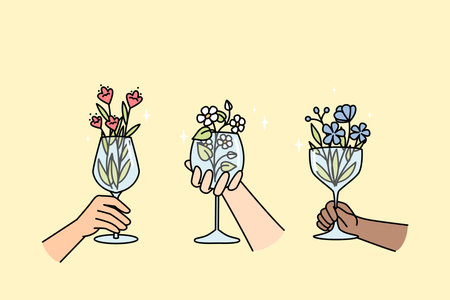 Hands of multiracial people holds wineglasses with flowers.のイラスト素材