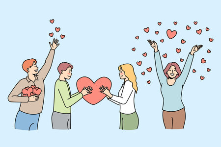 Young men, women hold big heart, give, spread love.のイラスト素材
