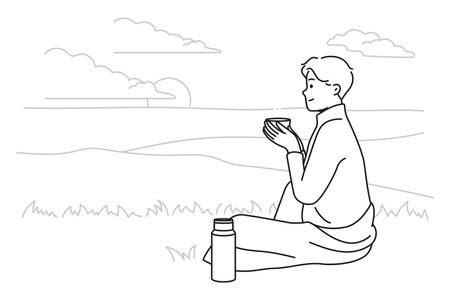 Happy man drinking tea in natureのイラスト素材