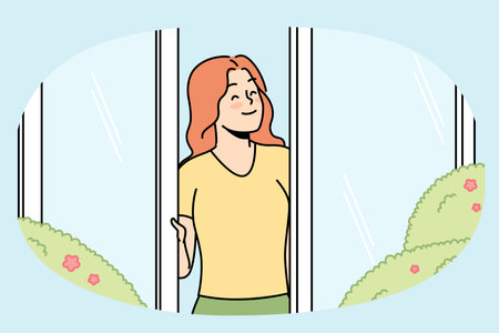 Happy girl looks out of window, rejoices in rays of sun in spring.のイラスト素材