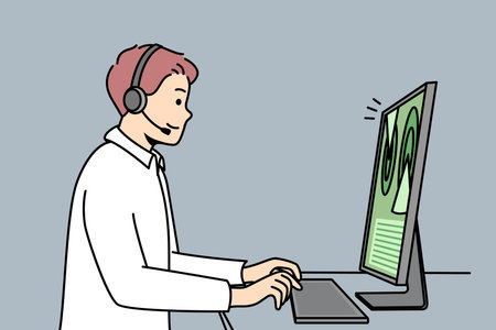 Web designer in headset works at computer.のイラスト素材