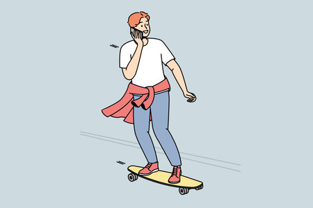 Guy is rolling on skateboard down street, talking on cellphone.のイラスト素材