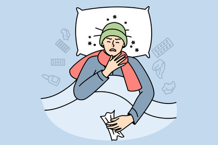Sick guy suffering from cold, flu, sore throat or virus.のイラスト素材