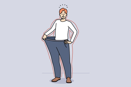 Smiling man in loose pants show weight lossのイラスト素材