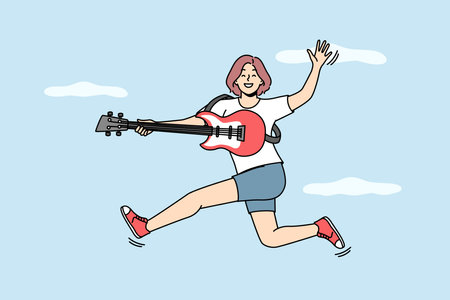 Smiling woman jump playing on guitarのイラスト素材