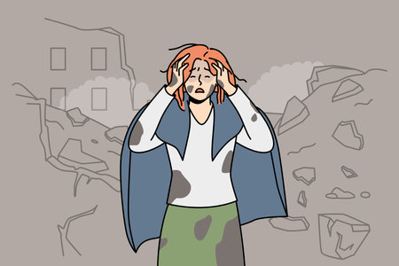 Unhappy woman save after house bombingのイラスト素材