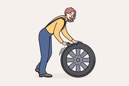 Smiling female mechanic with tireのイラスト素材